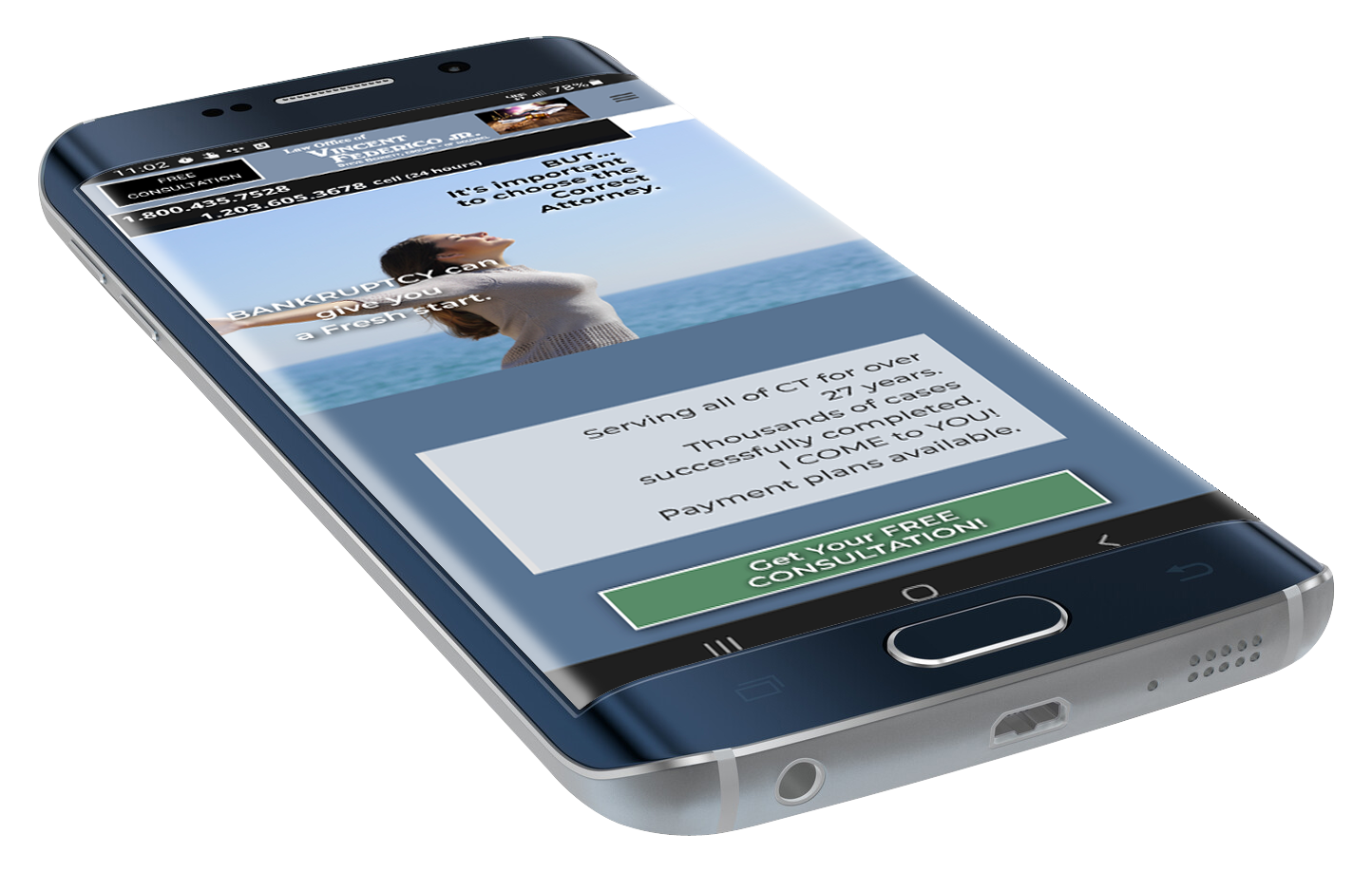 Phone laying down showing the Law Office of Attorney Federico website on screen.