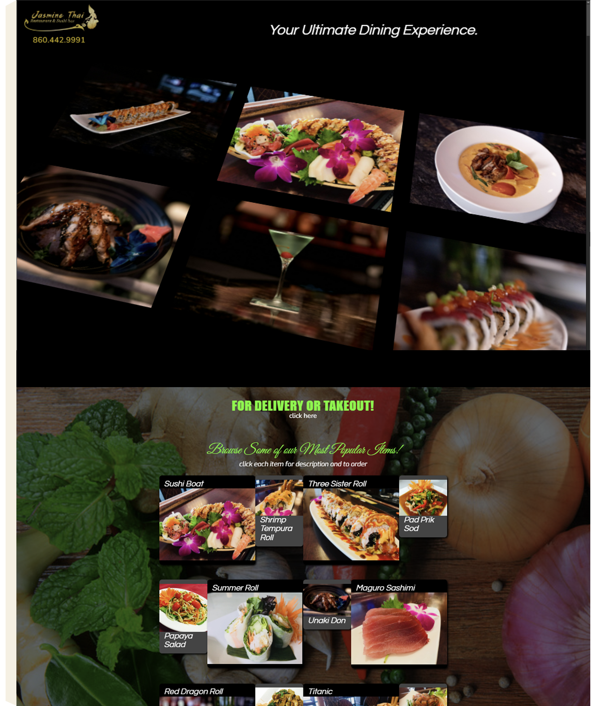 Image of the Jasmine Thai website home page.