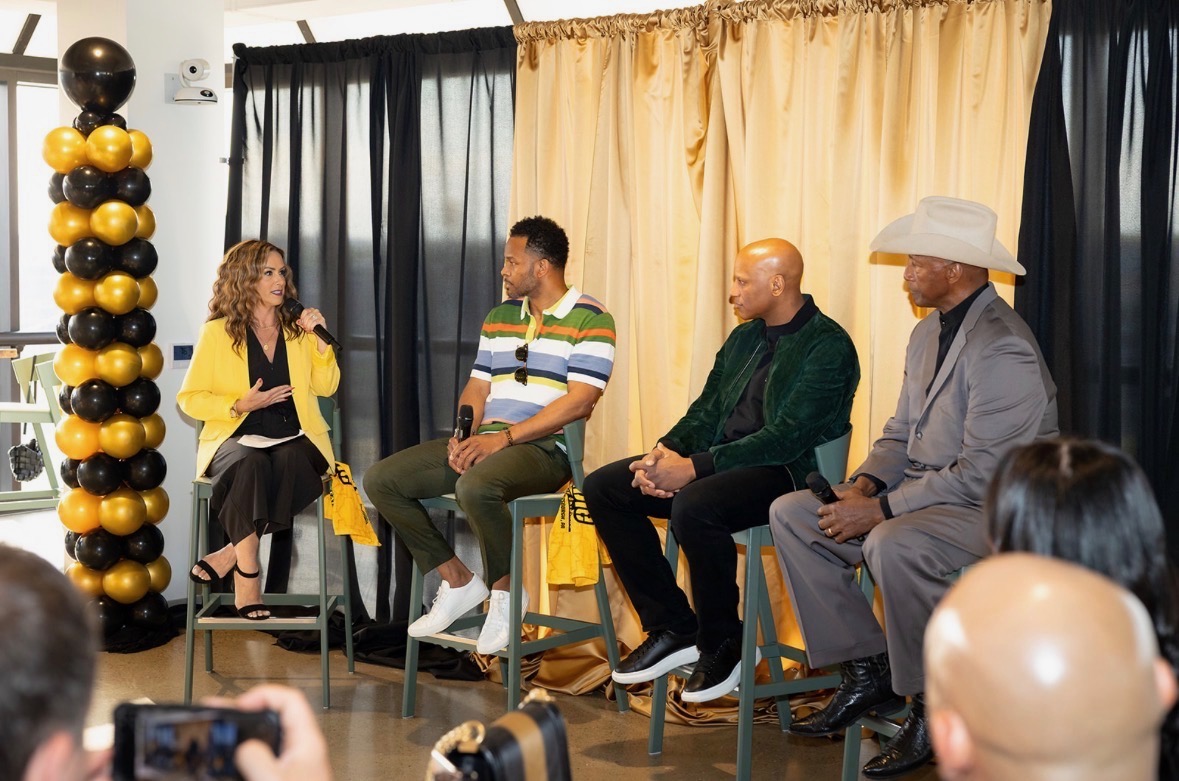 Kelly Dzanaj from 100.7 Star moderates a panel discussion with Will Allen, Mel Blount, and Ryan Shazier. 