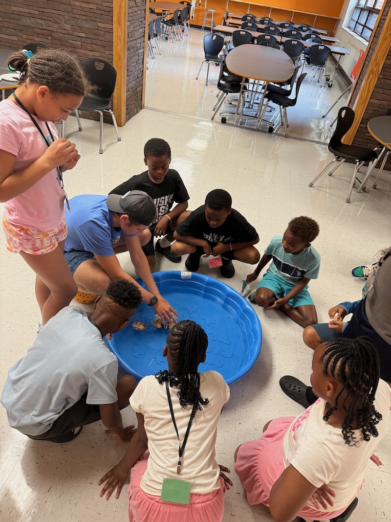 Clairton students around a small pool