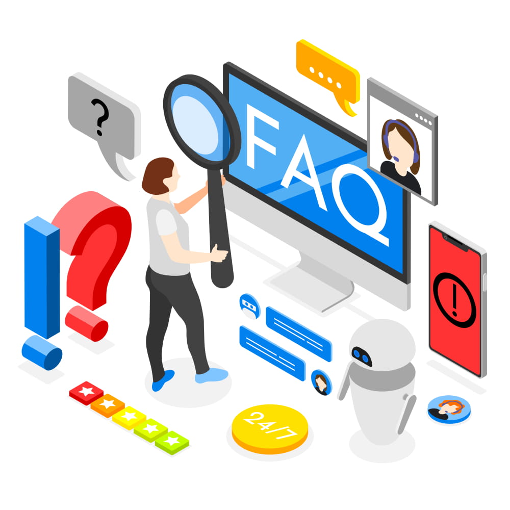 cartoon showing a screen with 'faq' displayed in white on a blue background