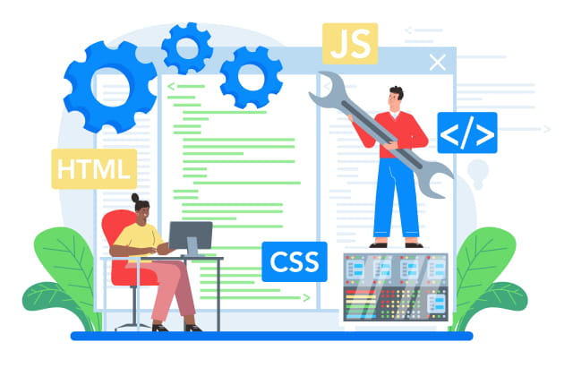 Illustration of two people developing website on giant screen in background with html, css and js labels