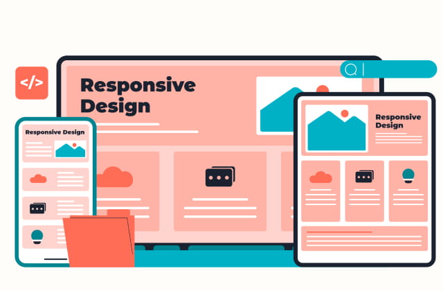 Illustration of same website shown on desktop, tablet and smartphone, with 'Responsive Design' printed on each screen