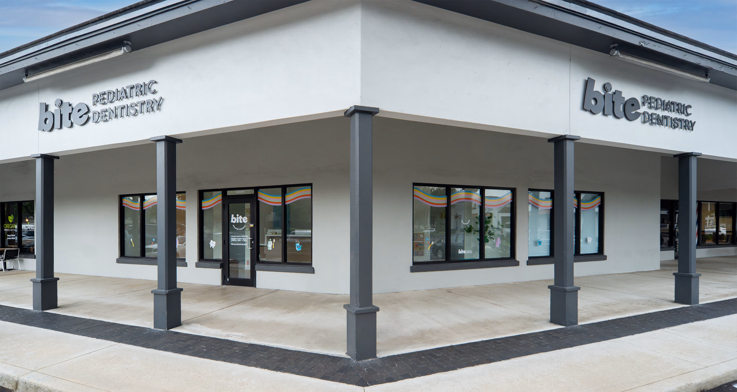 Front view of Bite Pediatric Dentistry in Miami Lakes, easily accessible on the first floor"