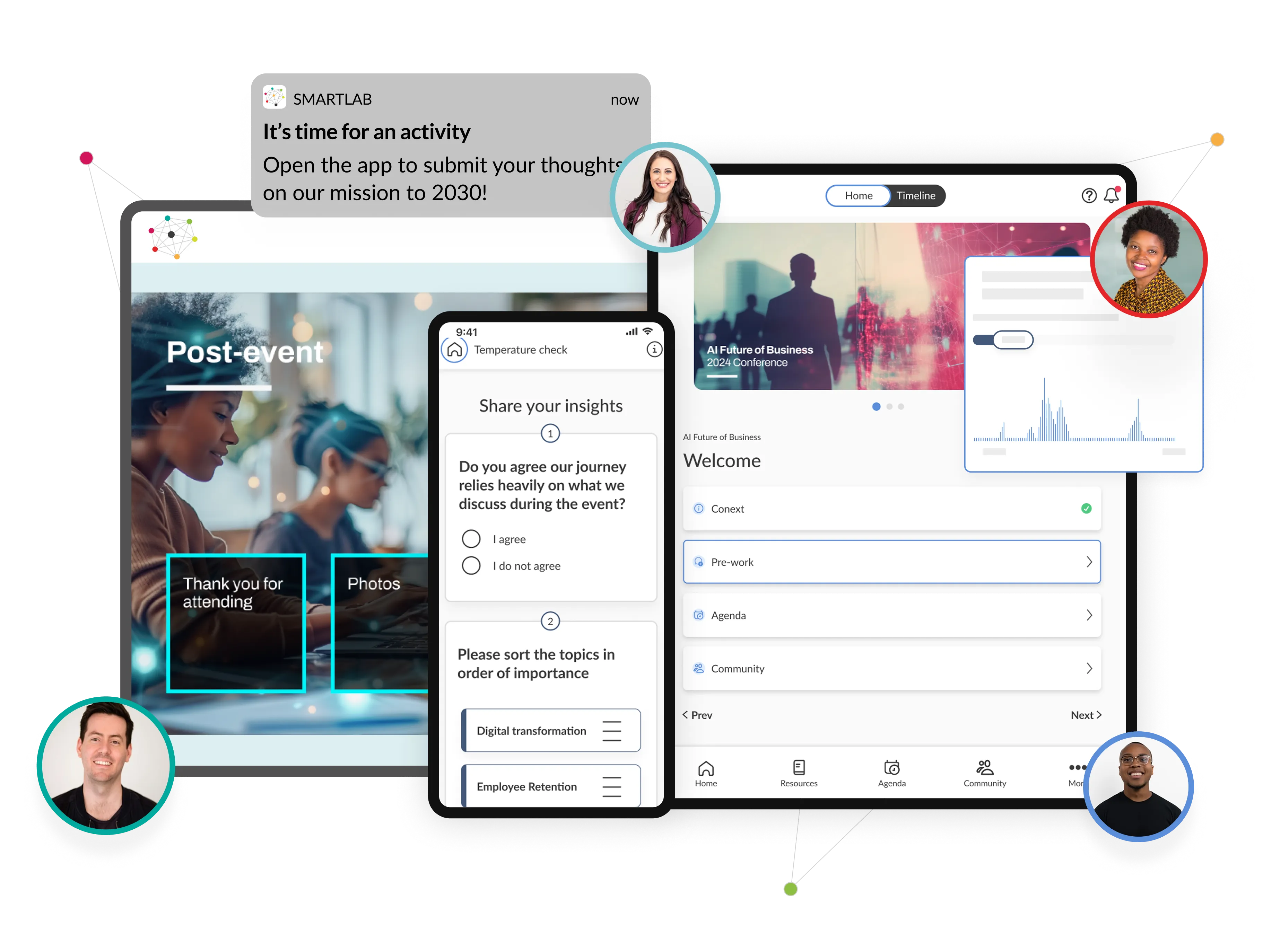 Interactive event management app showing agenda, surveys, and user engagement features on mobile