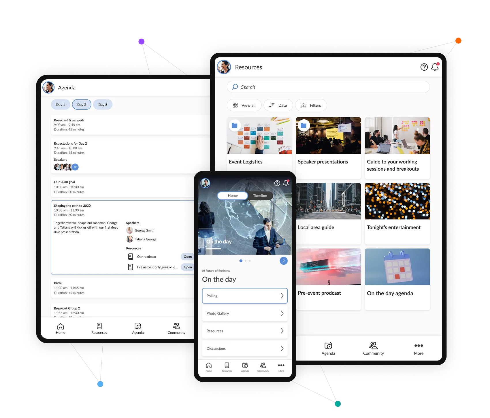Interface mock-ups of SmartLab Event app environment, agenda, and resource library screens.