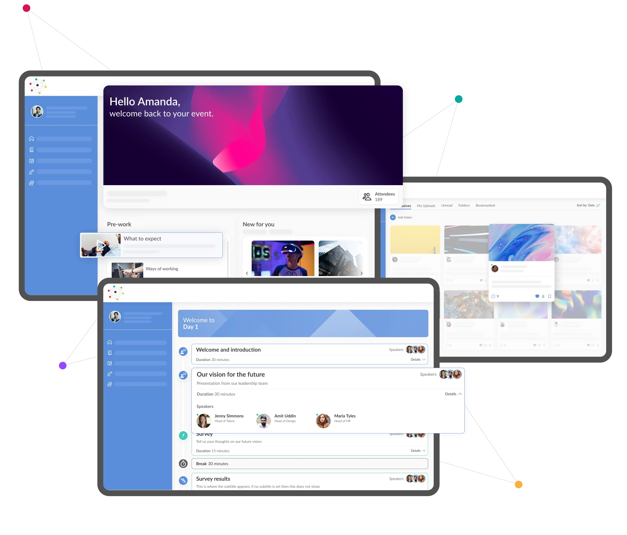 Interface mock-ups of SmartLab Express home screen, agenda, and resource library.