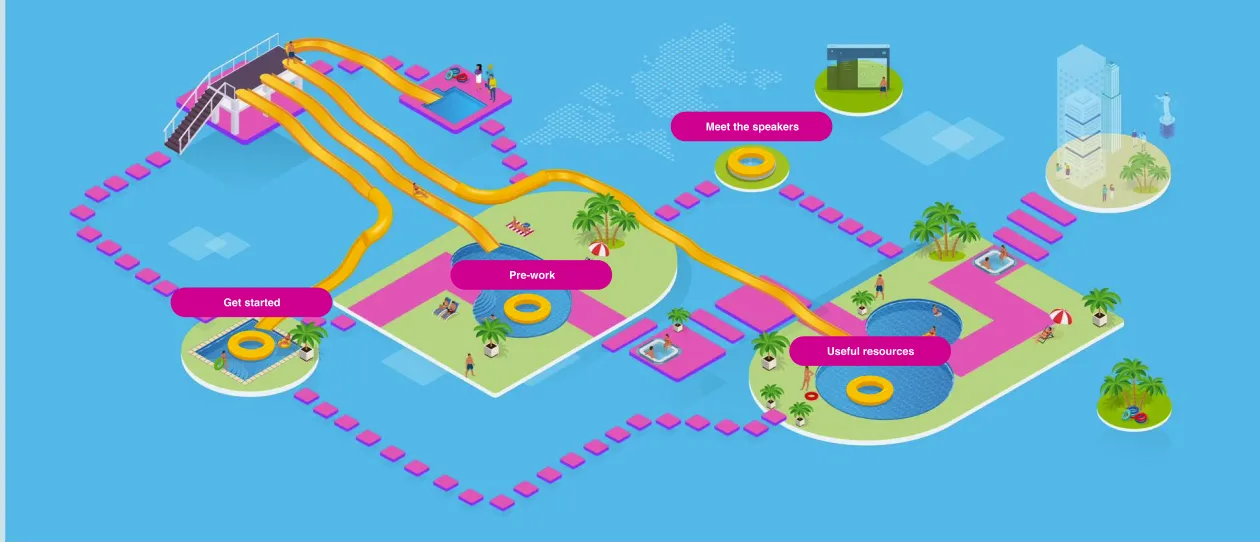 Visual, Virtual Event Environment depicting a playful, illustrated waterpark game.