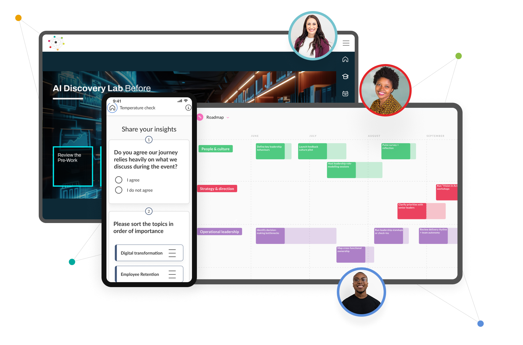 Interactive event management app showing agenda, surveys, and user engagement features on mobile