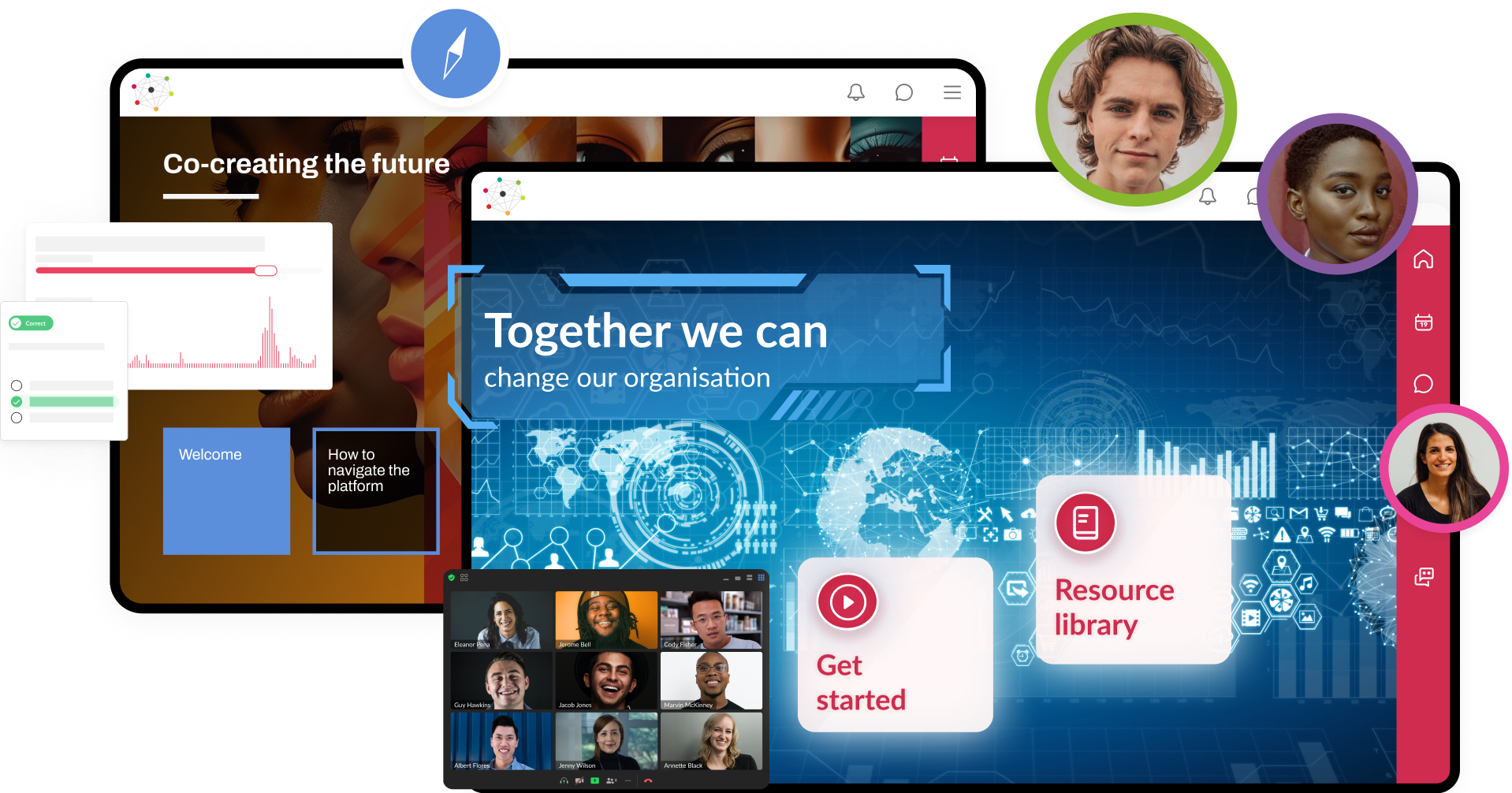 Interactive event management app showing agenda, surveys, and user engagement features on mobile