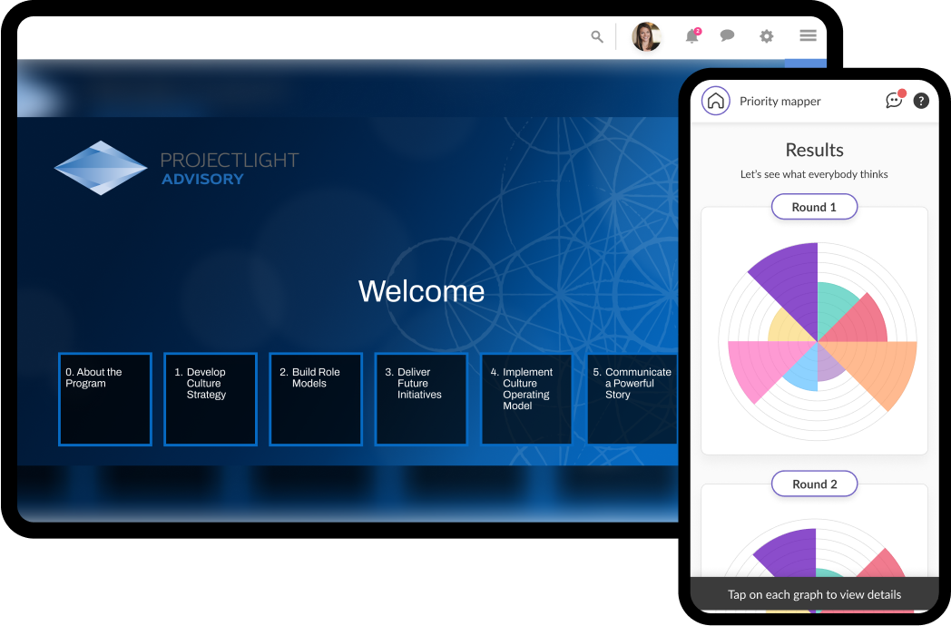 Interactive event management app showing agenda, surveys, and user engagement features on mobile