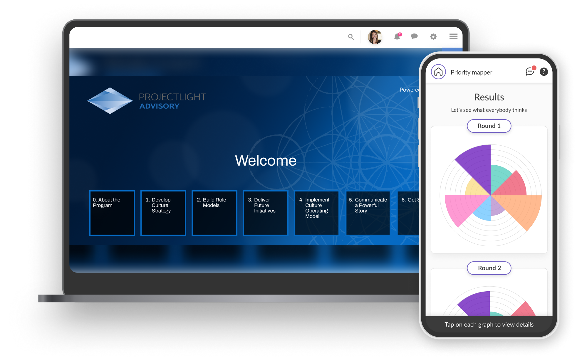 Interactive event management app showing agenda, surveys, and user engagement features on mobile