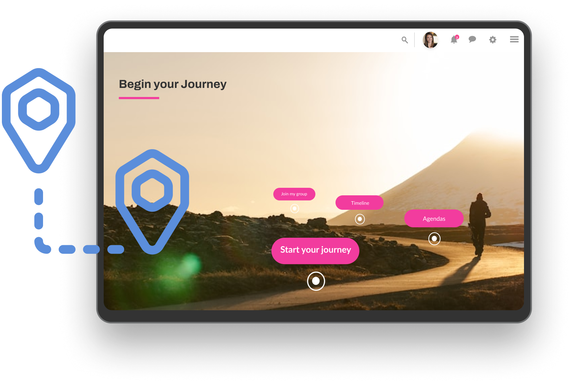 Interactive event management app showing agenda, surveys, and user engagement features on mobile