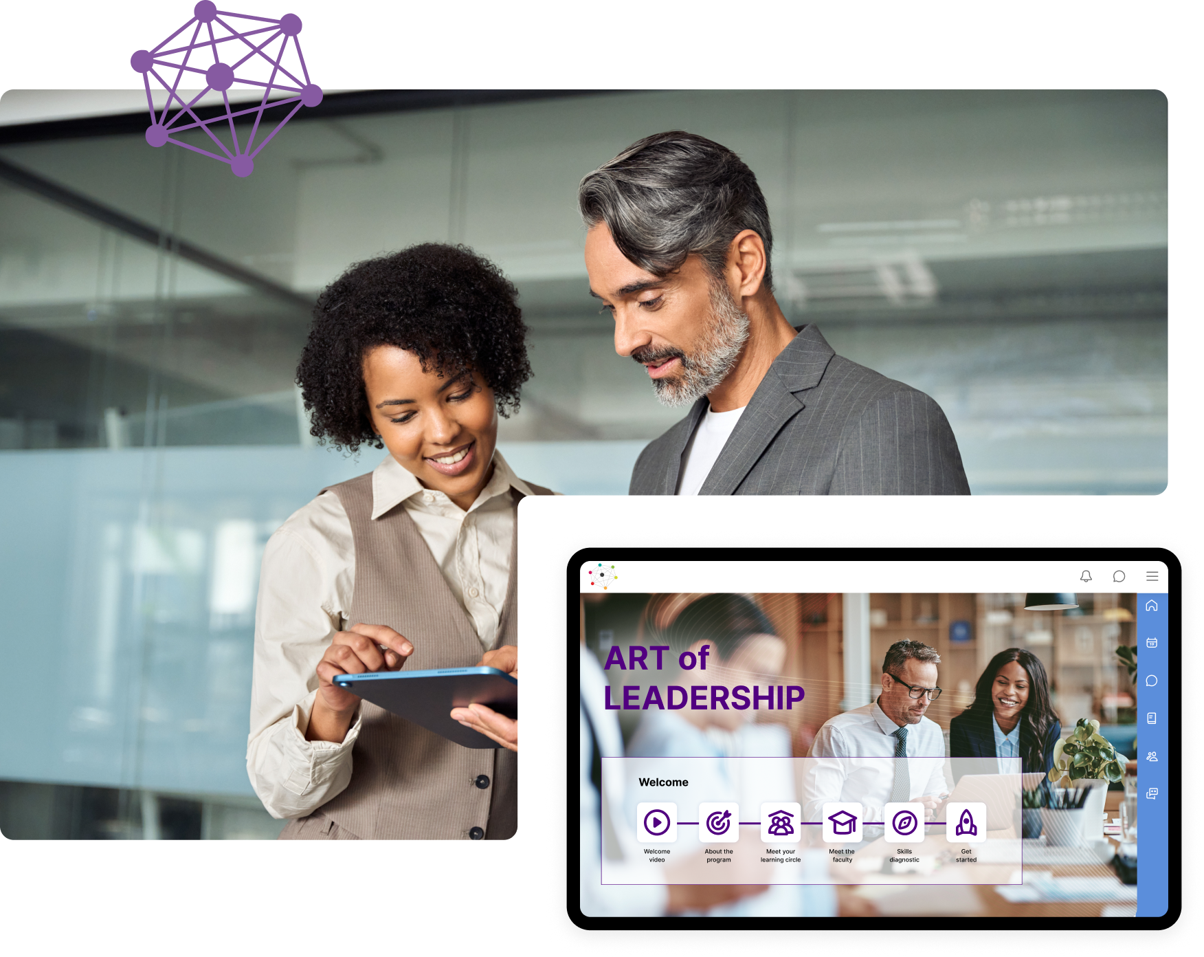 Interactive event management app showing agenda, surveys, and user engagement features on mobile