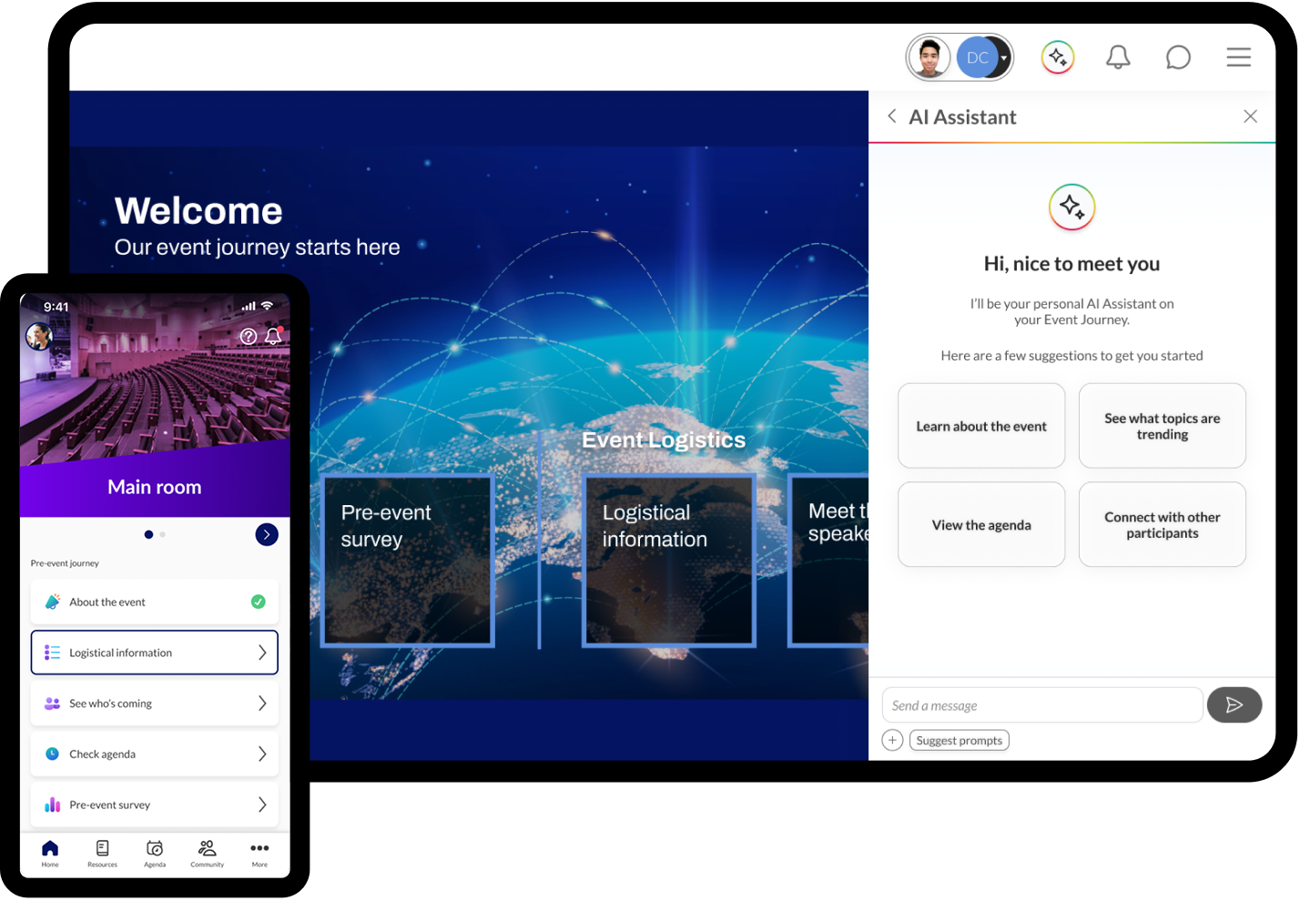 Interactive event management app showing agenda, surveys, and user engagement features on mobile