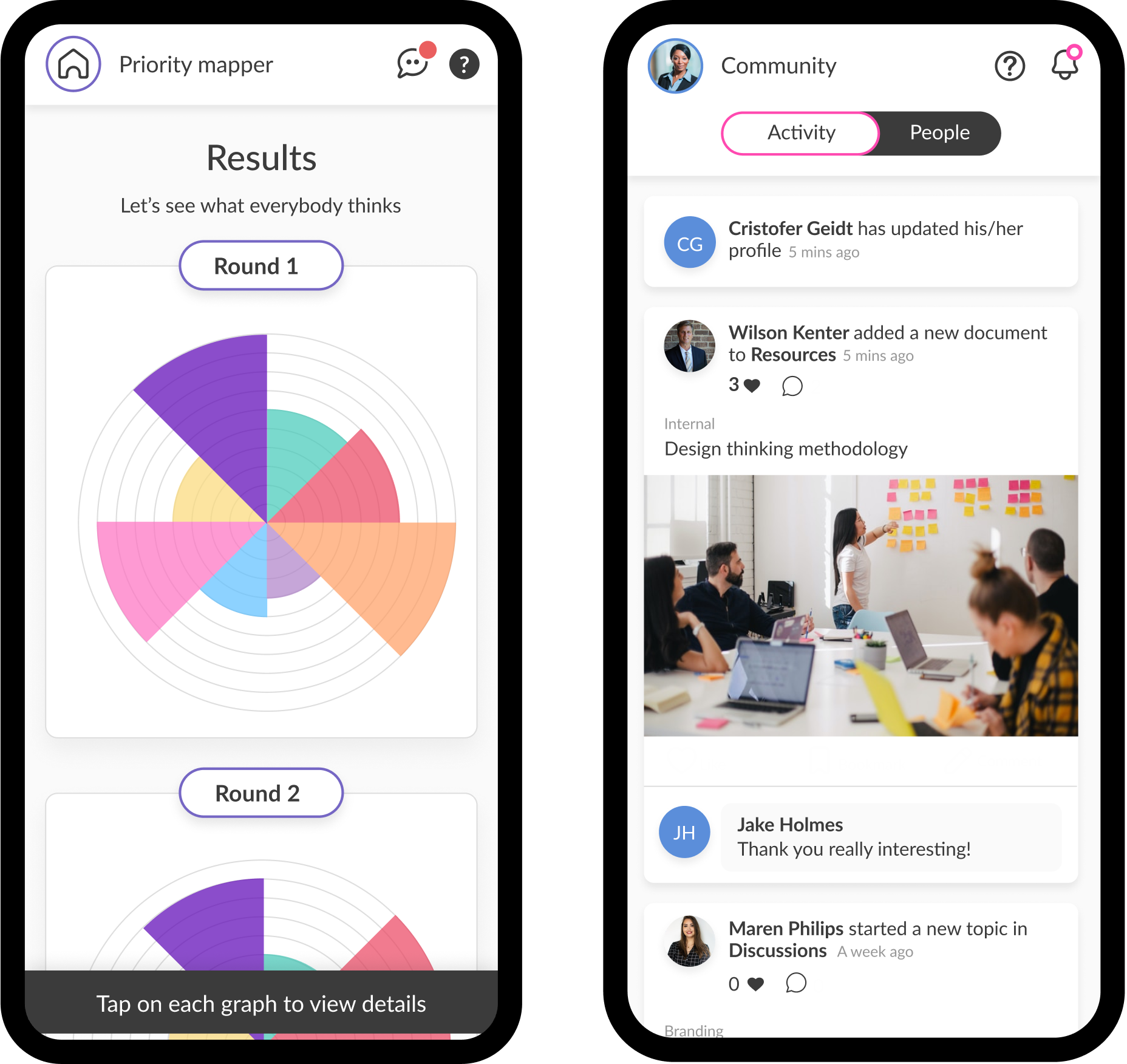 Interactive event management app showing agenda, surveys, and user engagement features on mobile
