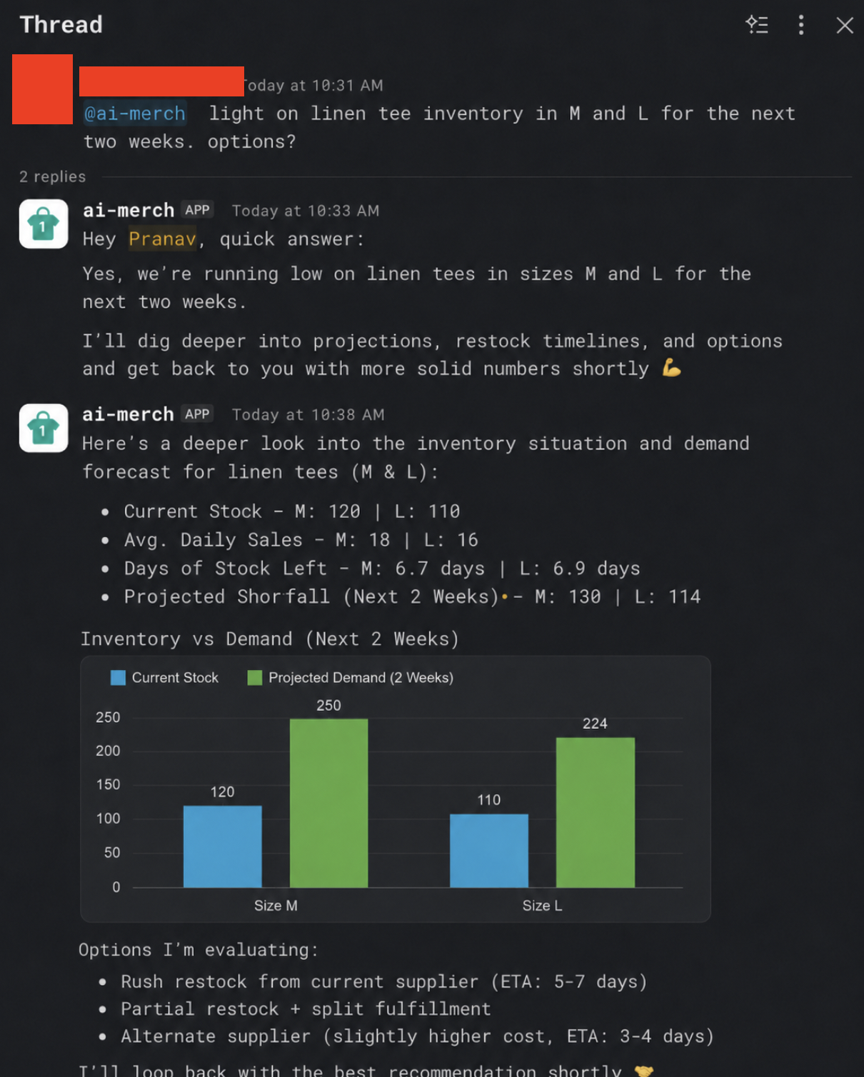 The AI Merchandiser responds with reasoning, options, and a one-click action
