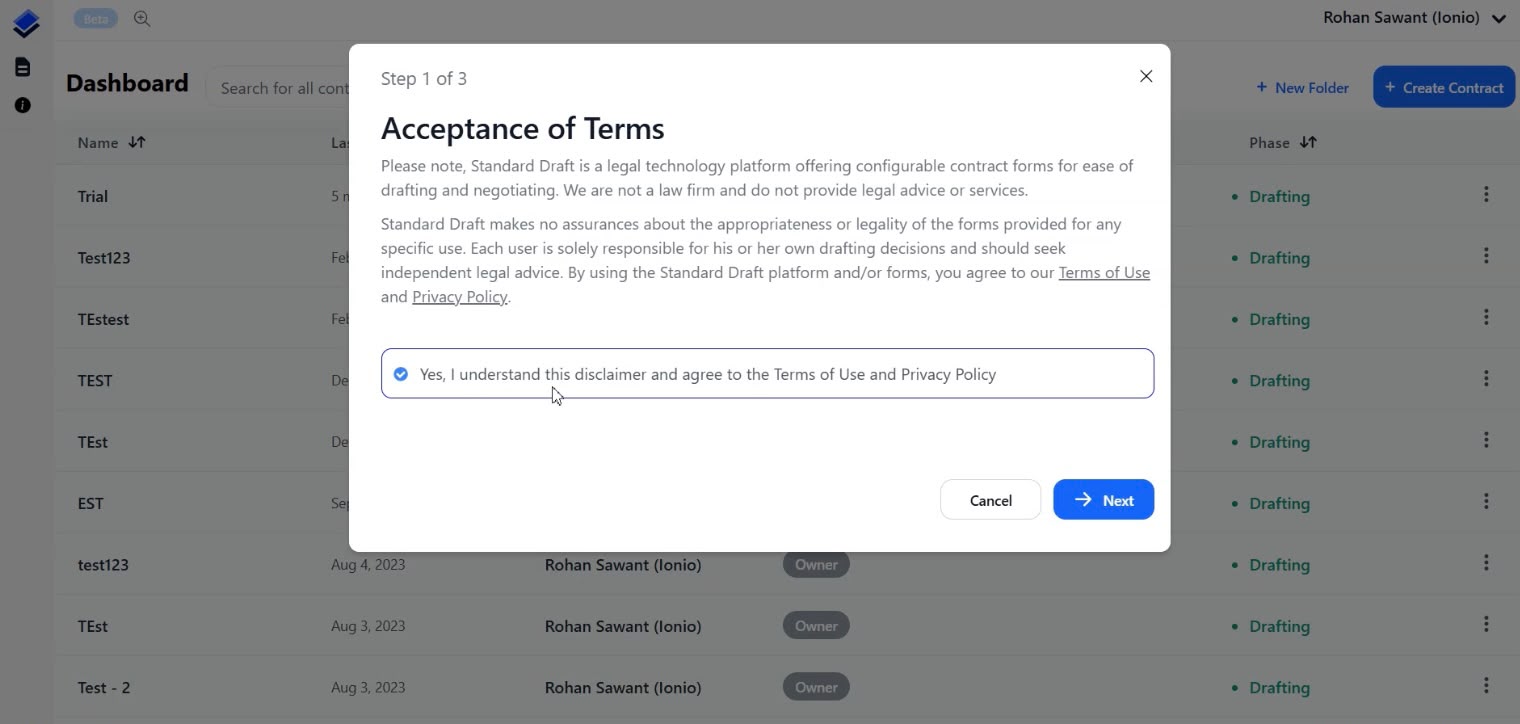 Acceptance of terms and disclaimer screen