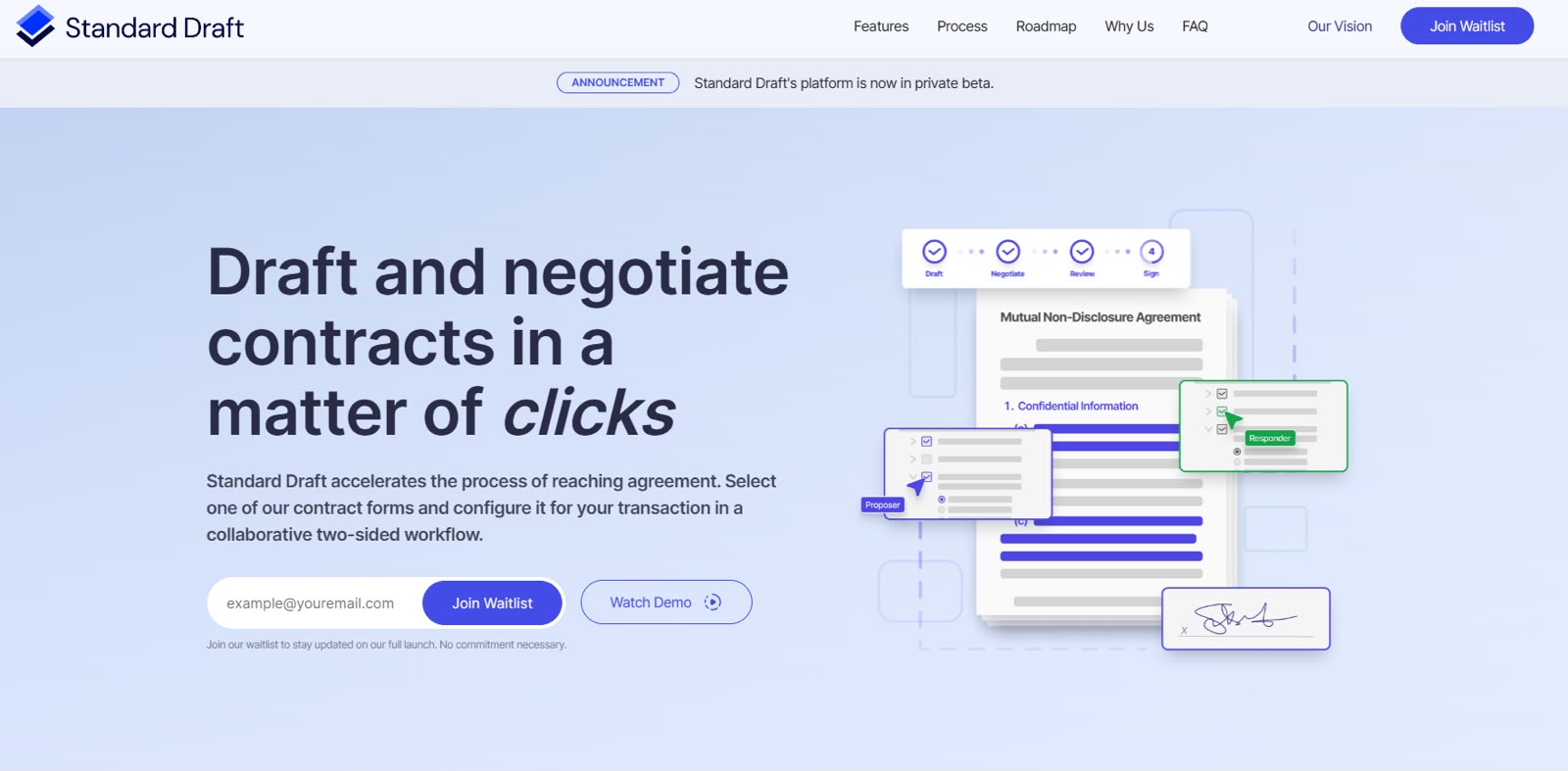 Standard Draft marketing site, drafting and negotiating contracts in a matter of clicks