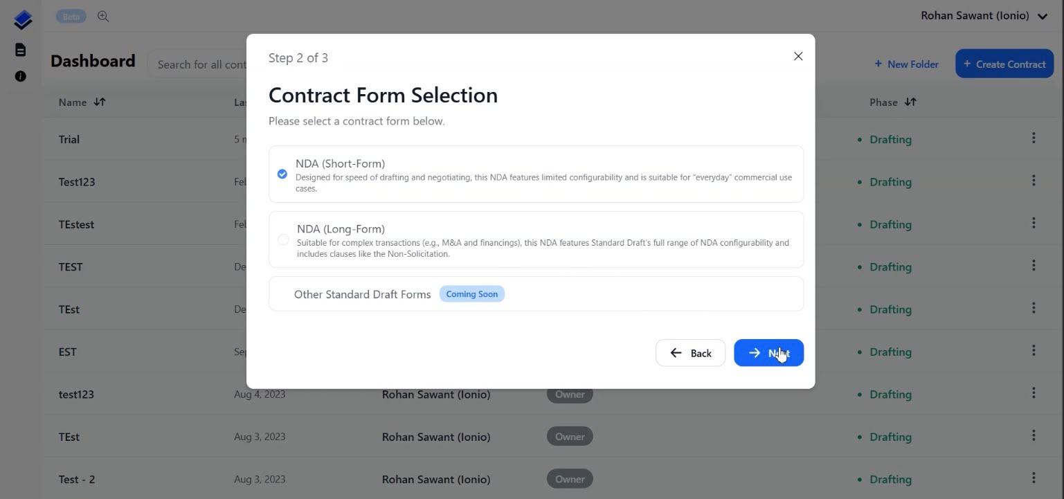 Contract form selection between short-form and long-form NDA