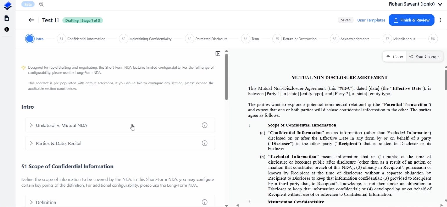 The Intro section of an NDA with the full agreement live alongside