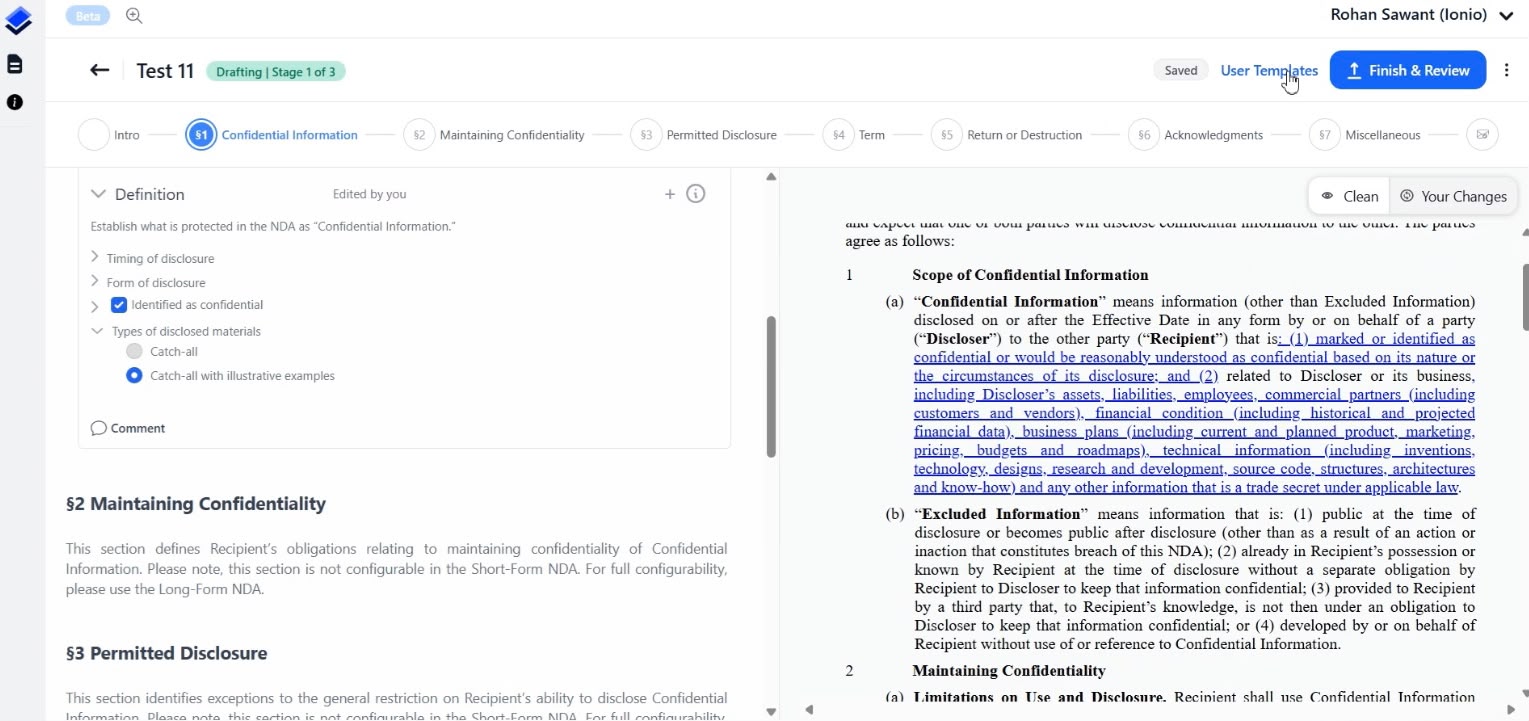 One clause configured on the left with the resulting redline on the right