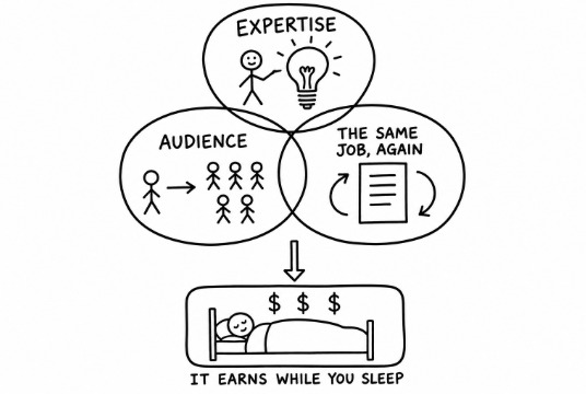 Hand-drawn diagram: expertise, audience and the same job again overlapping to produce revenue