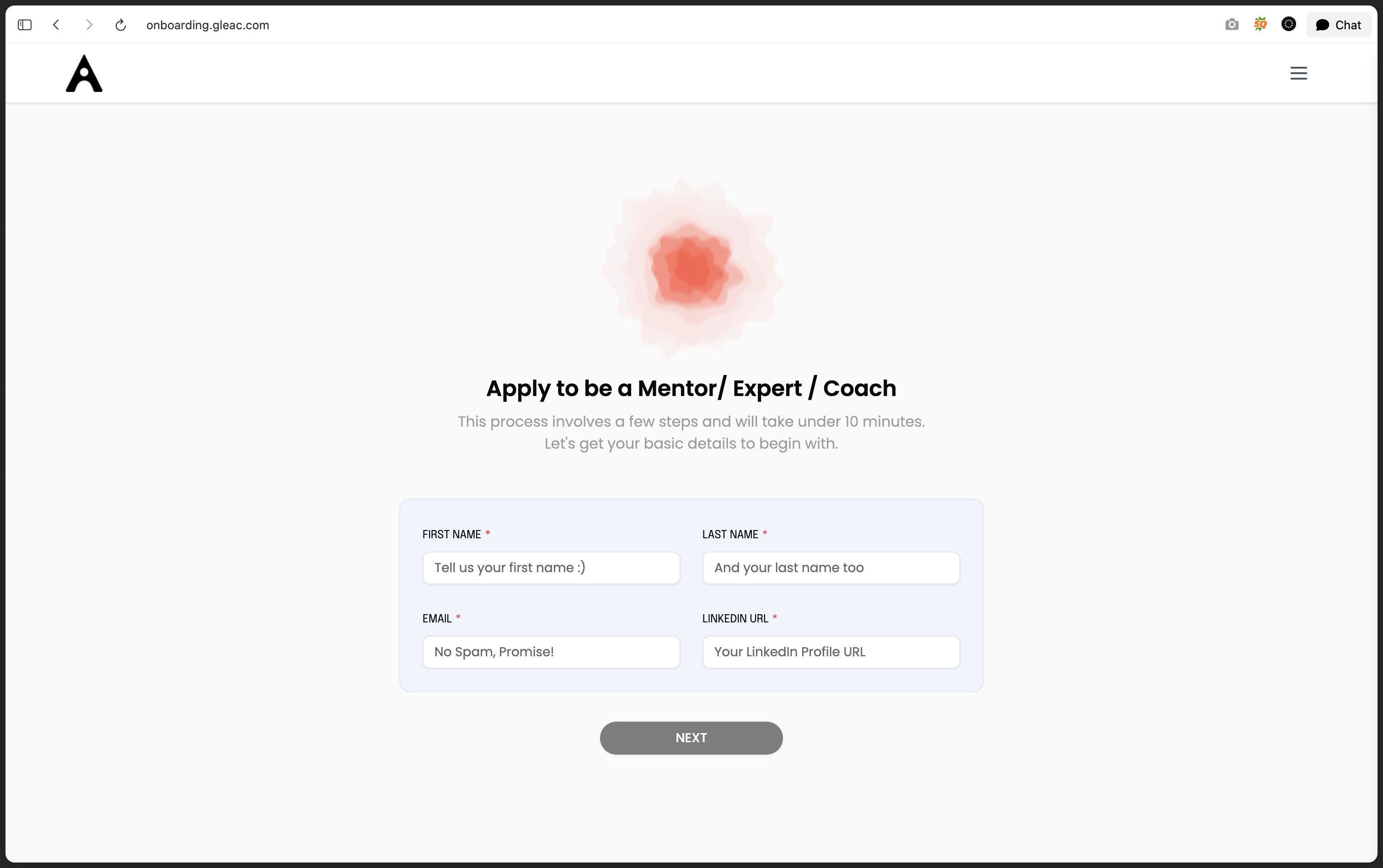 GLEAC mentor application form with name, email and LinkedIn URL