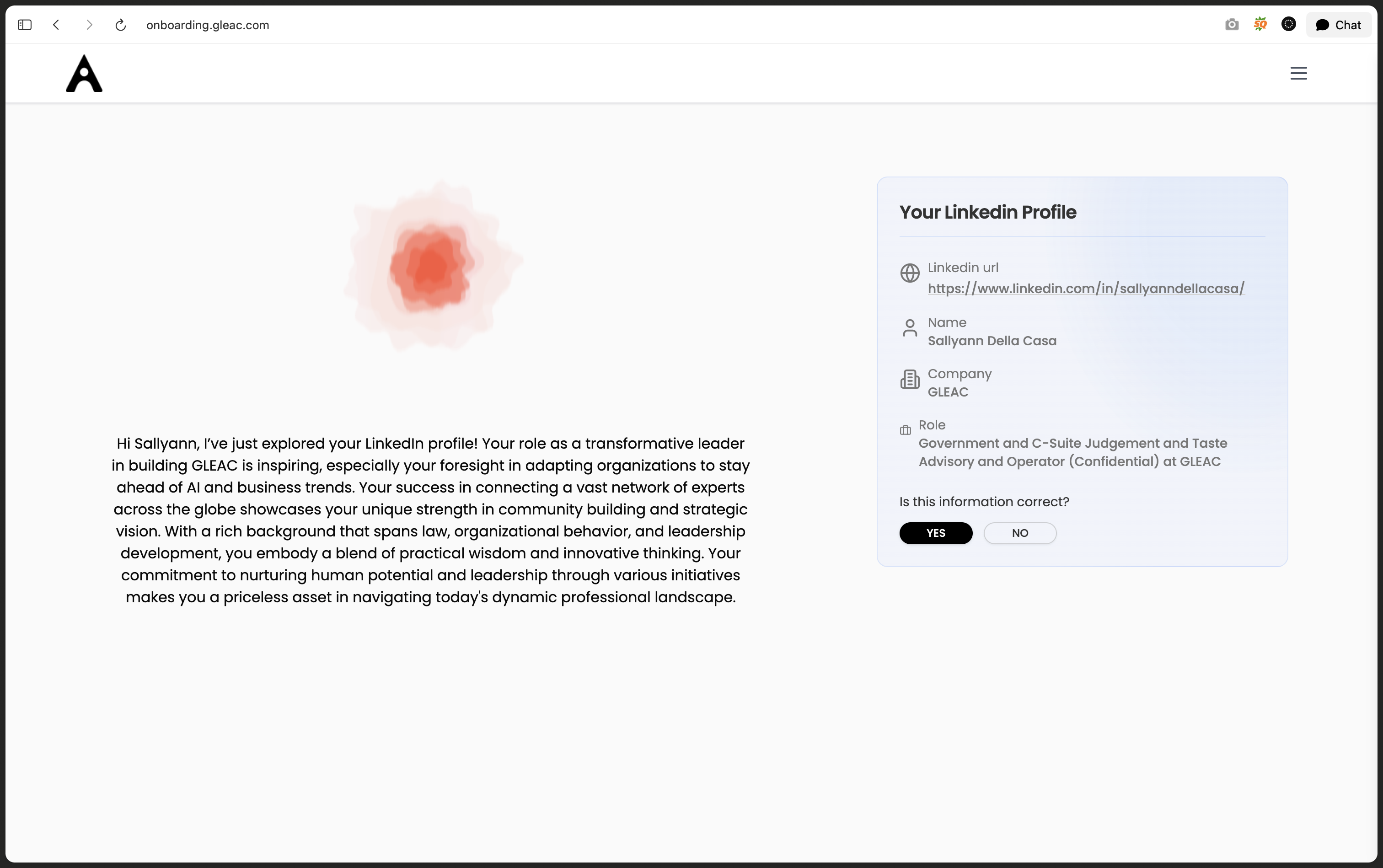 GLEAC onboarding confirming what it read from the applicant's LinkedIn profile