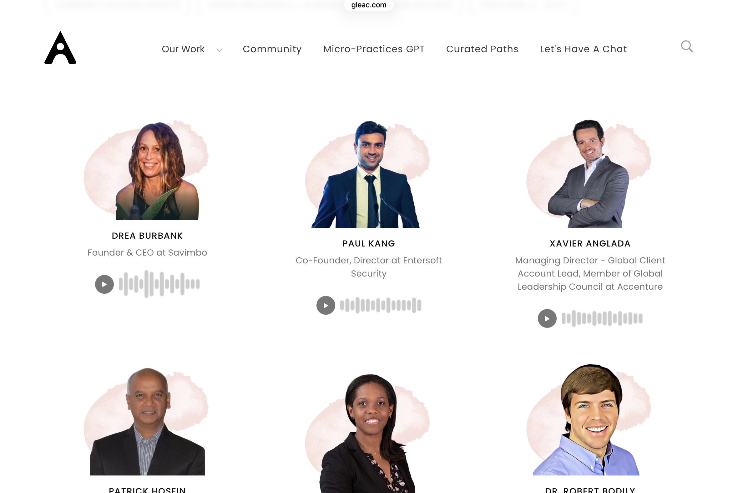GLEAC's live community page, showing mentors with their titles and profile podcast players