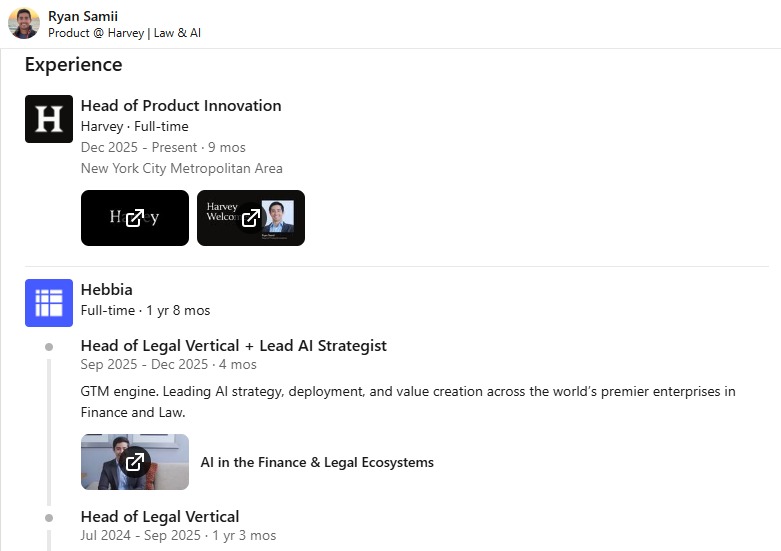 Ryan Samii's experience: Head of Product Innovation at Harvey from December 2025, following Head of Legal Vertical at Hebbia