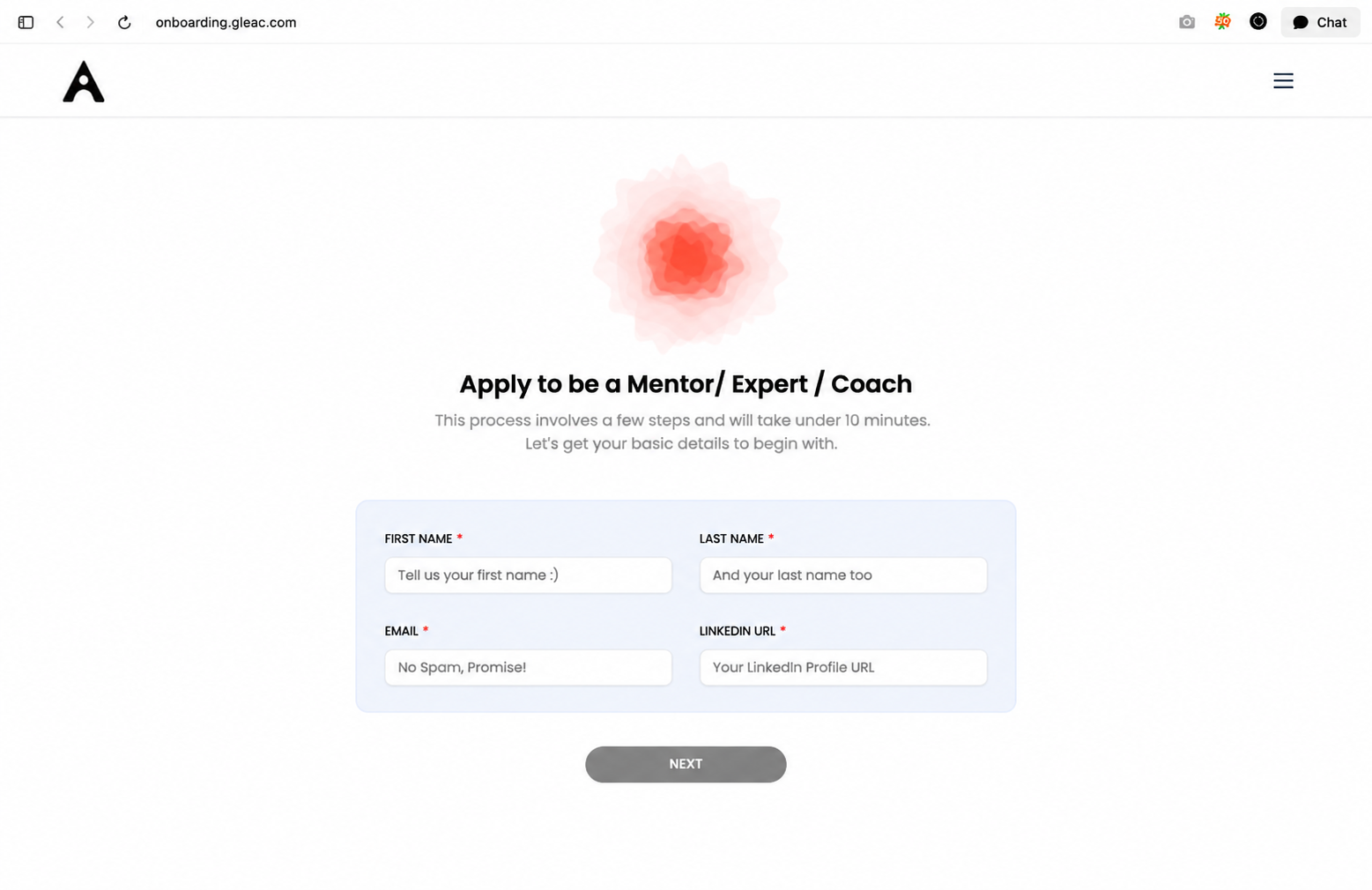 GLEAC mentor application form with name, email and LinkedIn URL