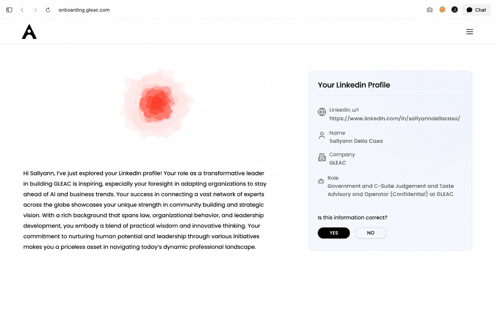 GLEAC onboarding confirming what it read from the applicant's LinkedIn profile