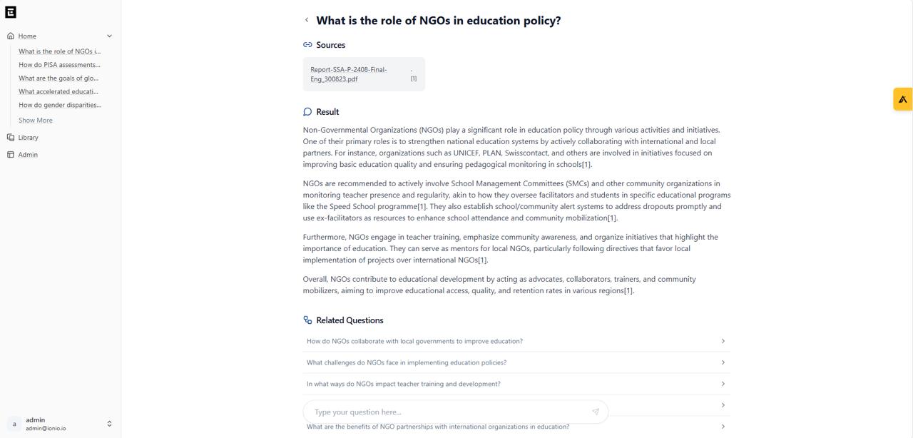 An answer about the role of NGOs in education policy, with its Sources card and related questions