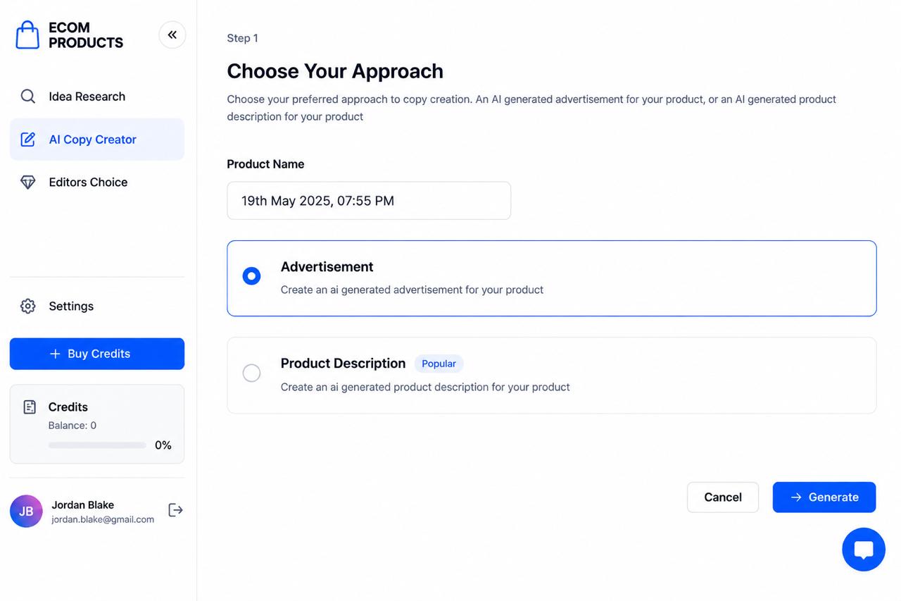 The AI copy creator: choose an advertisement or a product description