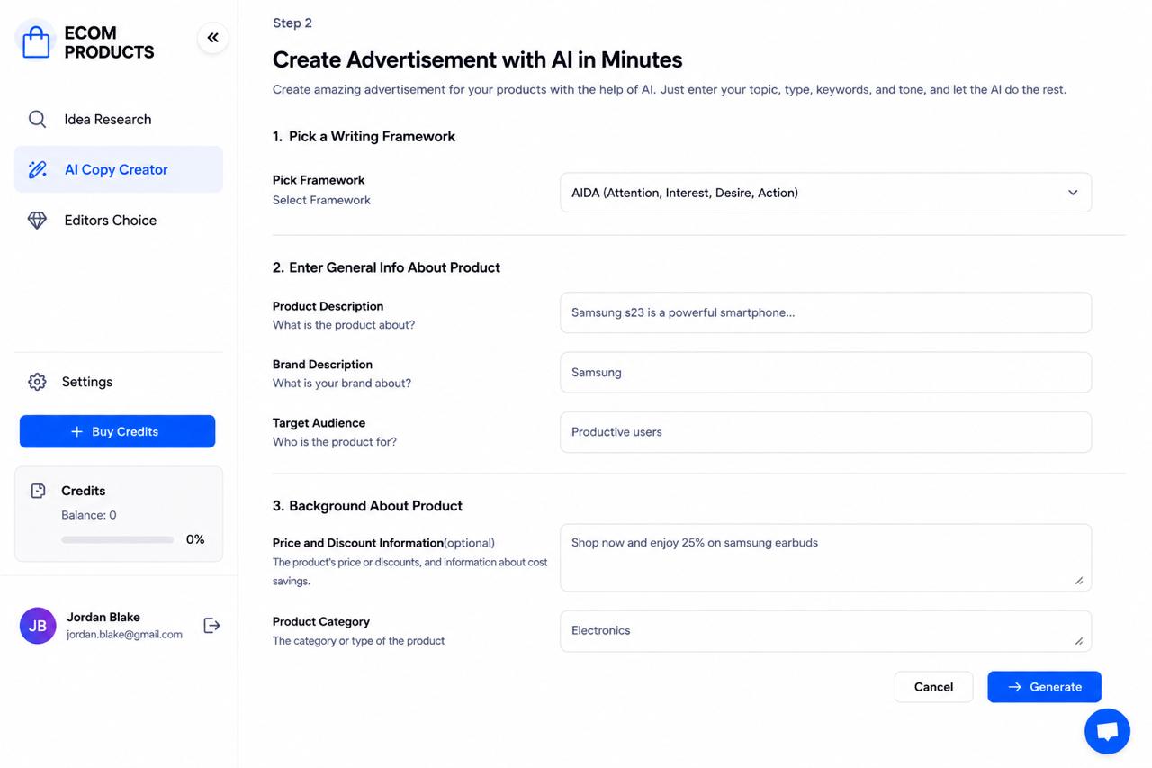 The brief: a short form that turns a product into finished ad copy