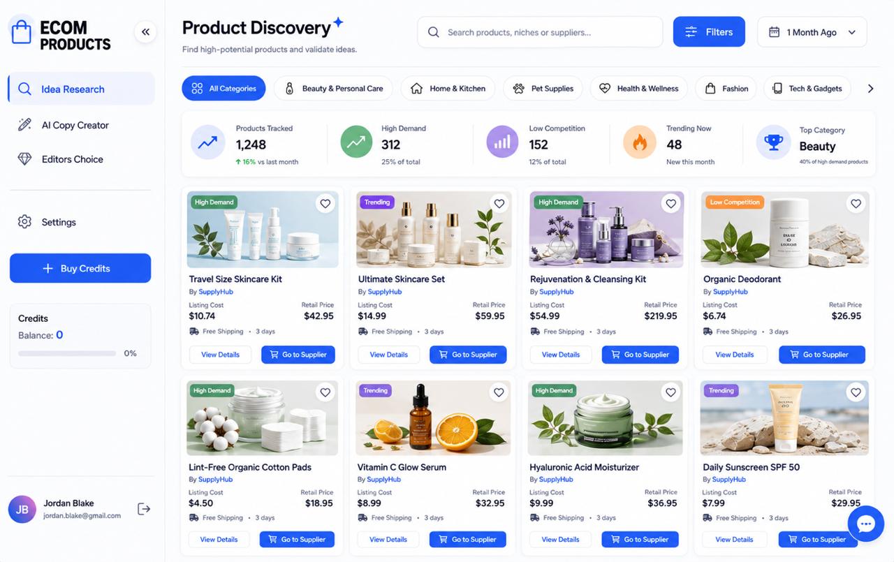 The subscriber home screen: a grid of vetted products with categories and a demand counter strip