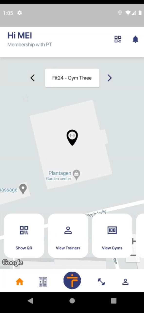 The Fit24 member home screen, with every location in the chain pinned on one map