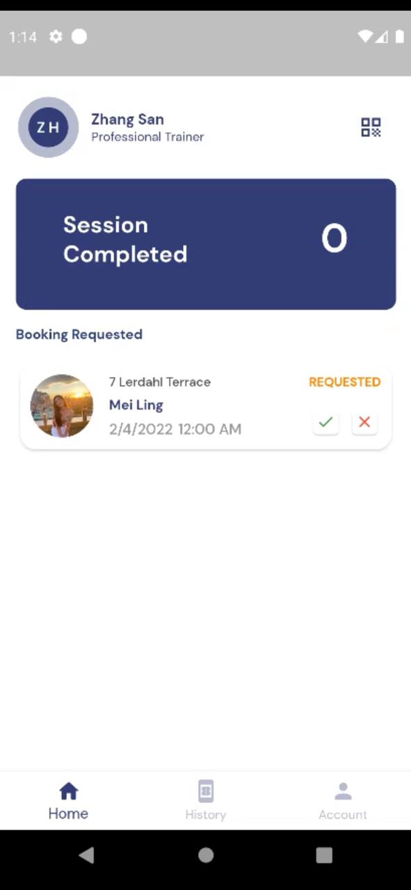 The trainer home screen, with a member's booking request waiting on a tick or a cross