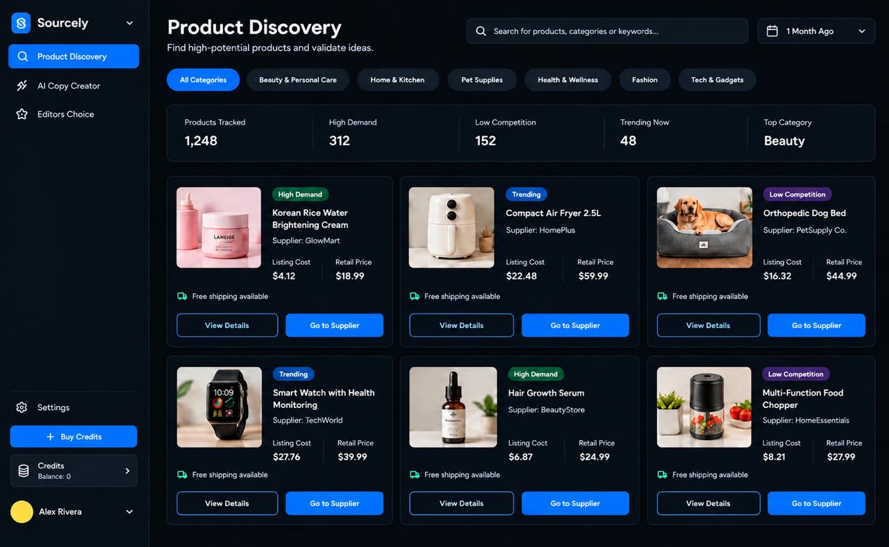 The subscriber home screen: a grid of vetted products with categories and a demand counter strip