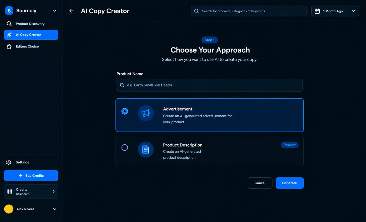 The brief: a short form that turns a product into finished ad copy