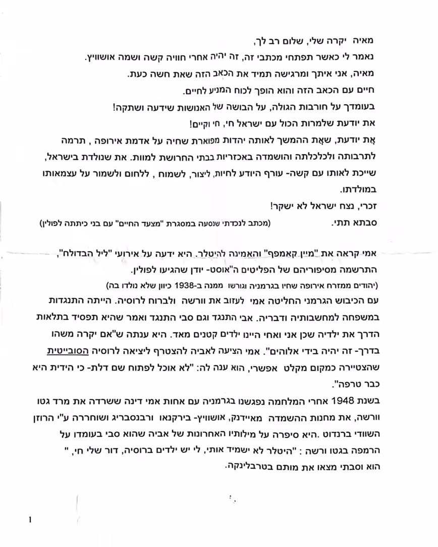 לפני שמאיה (נכדתה של אסתר) נסעה למסע בפולין אסתר כתבה לה מכתב להקריא באושוויץ: