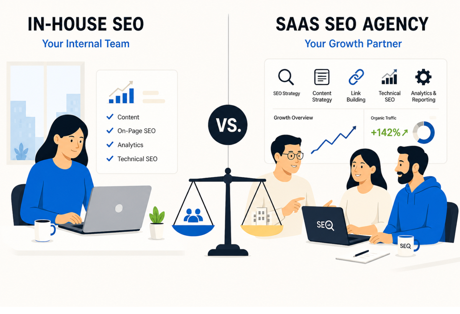 SaaS SEO Agency vs. In-House SEO visual comparison