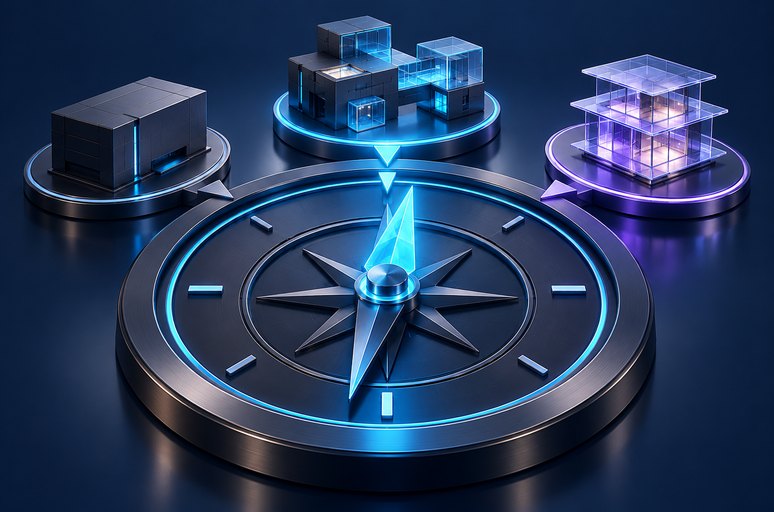 Compass pointing to three architecture options: a legacy monolith, a hybrid modular system and a modern cloud-native platform, representing PowerBuilder modernization paths