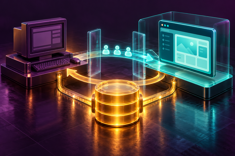 A legacy desktop application and a new web application sharing one database, with users moving between them