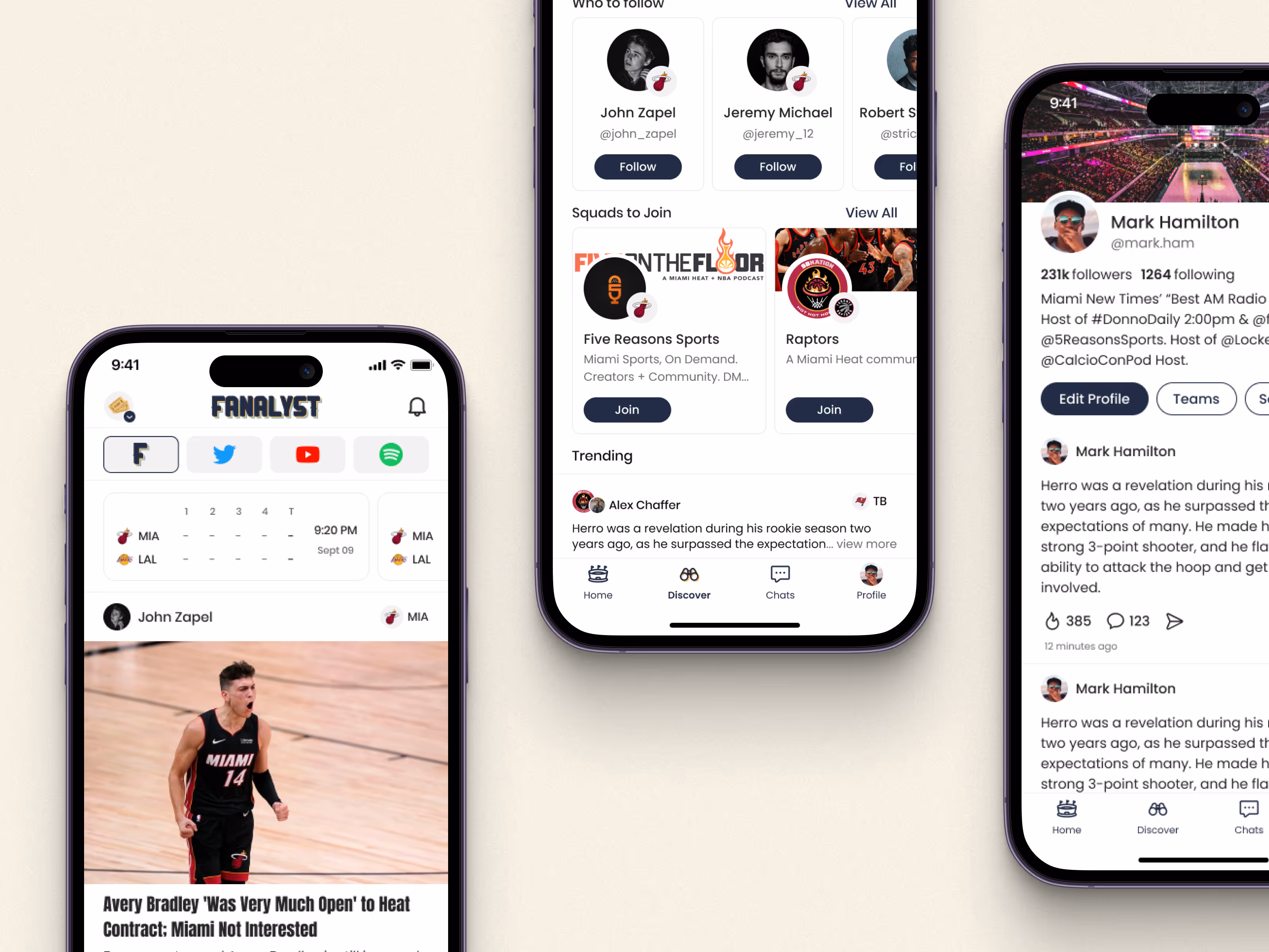 Three screens from the Fanalyst App, Home, Explore, and User profile