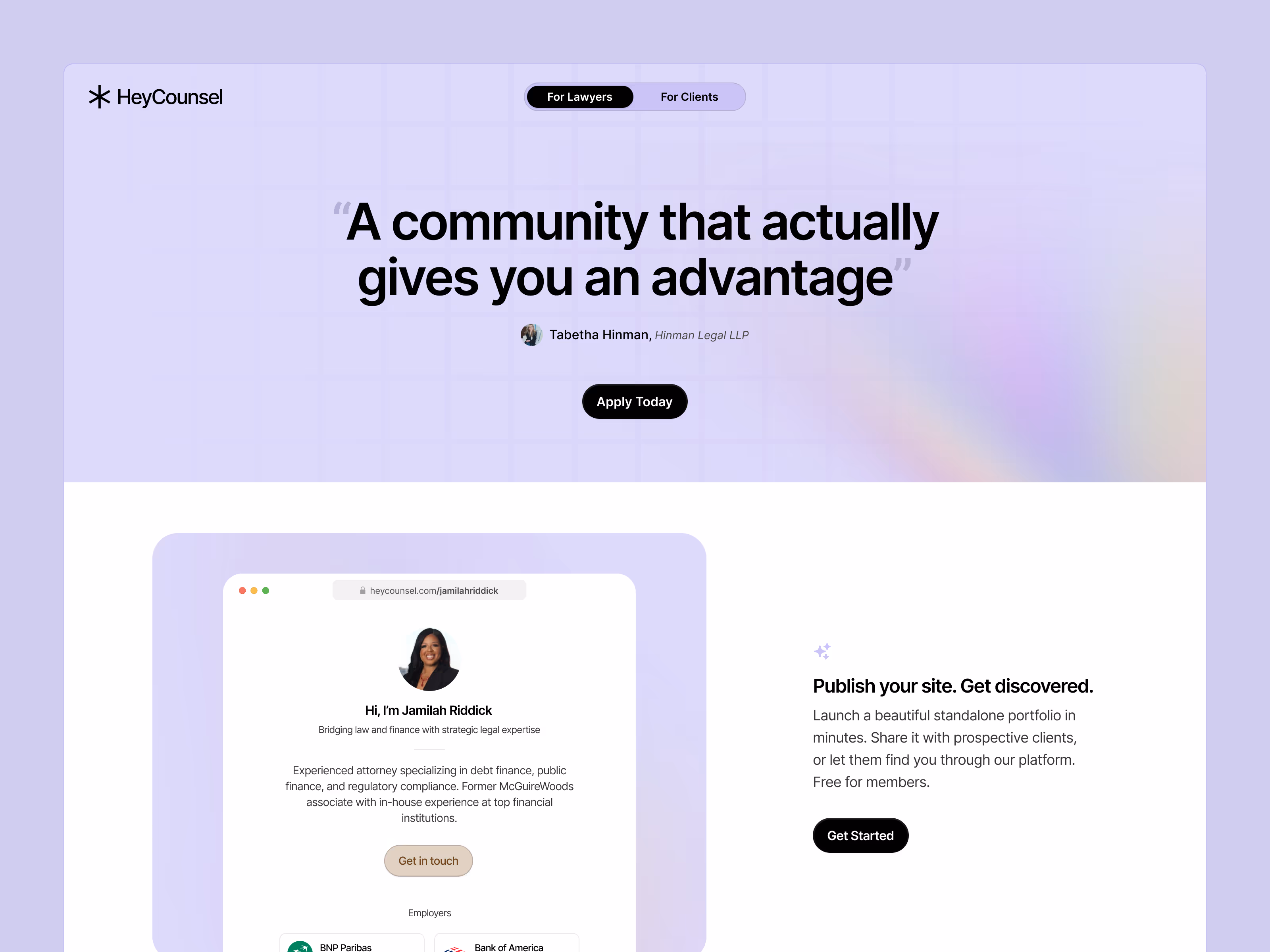 Hero section from HeyCounsel website