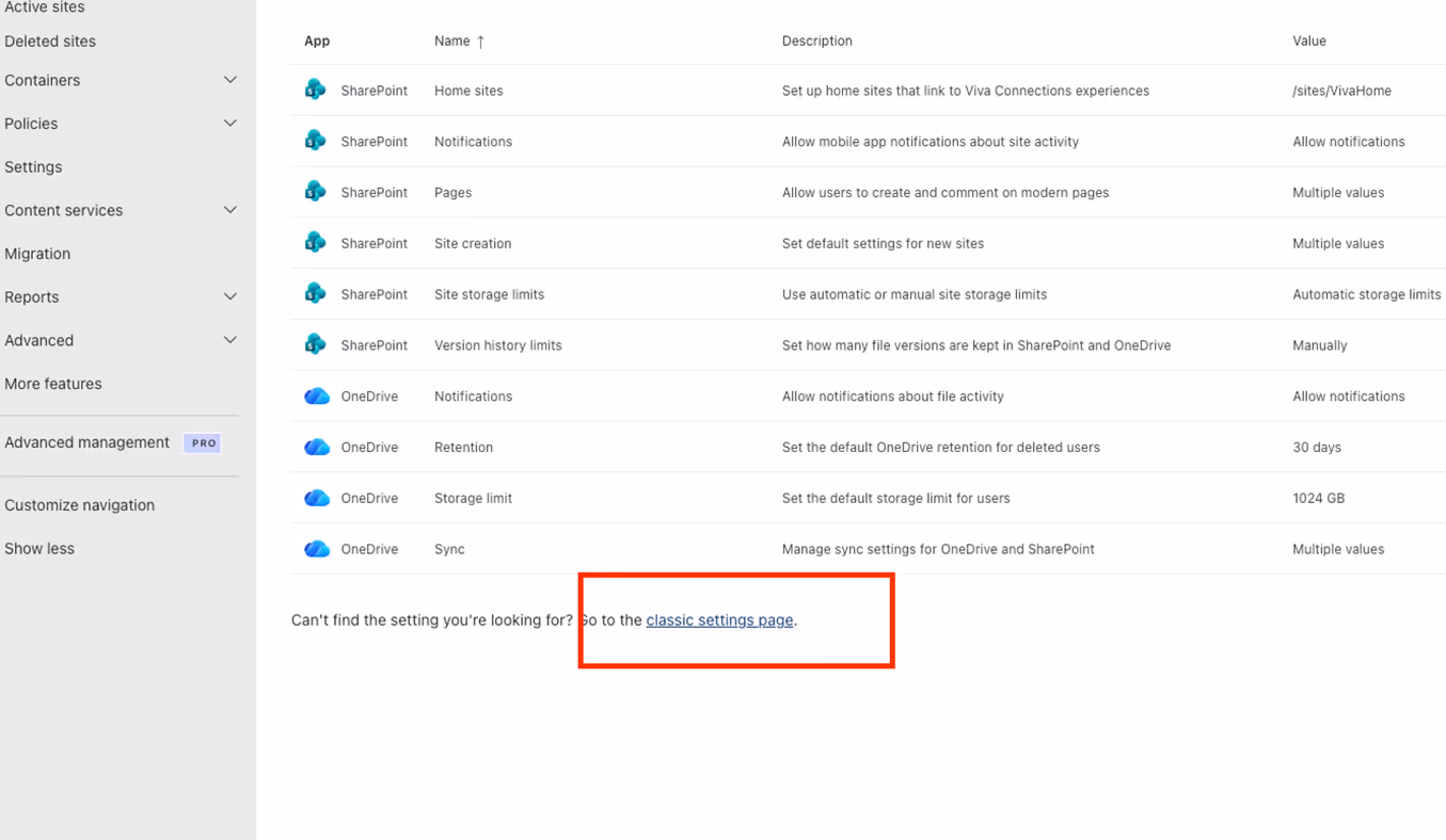 Classic settings page