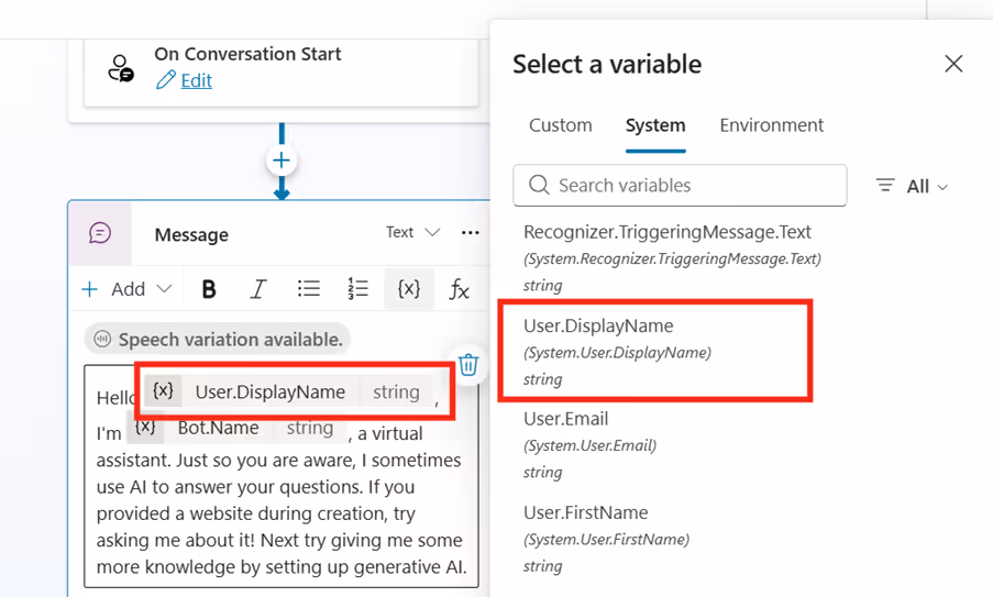 Custom Copilot welcome message with user first name2