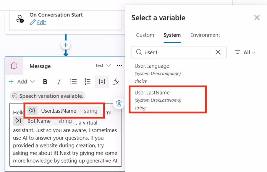 Custom Copilot welcome message with user first name3